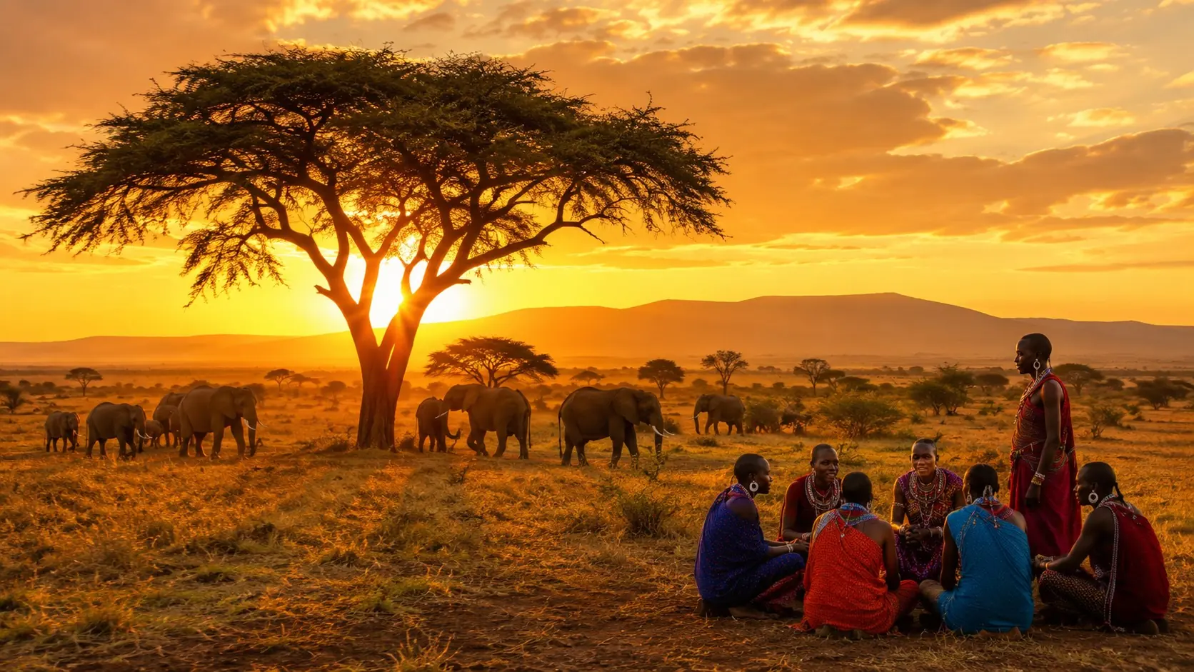 Acacia tree and wildlife in the Kenyan savanna at sunset