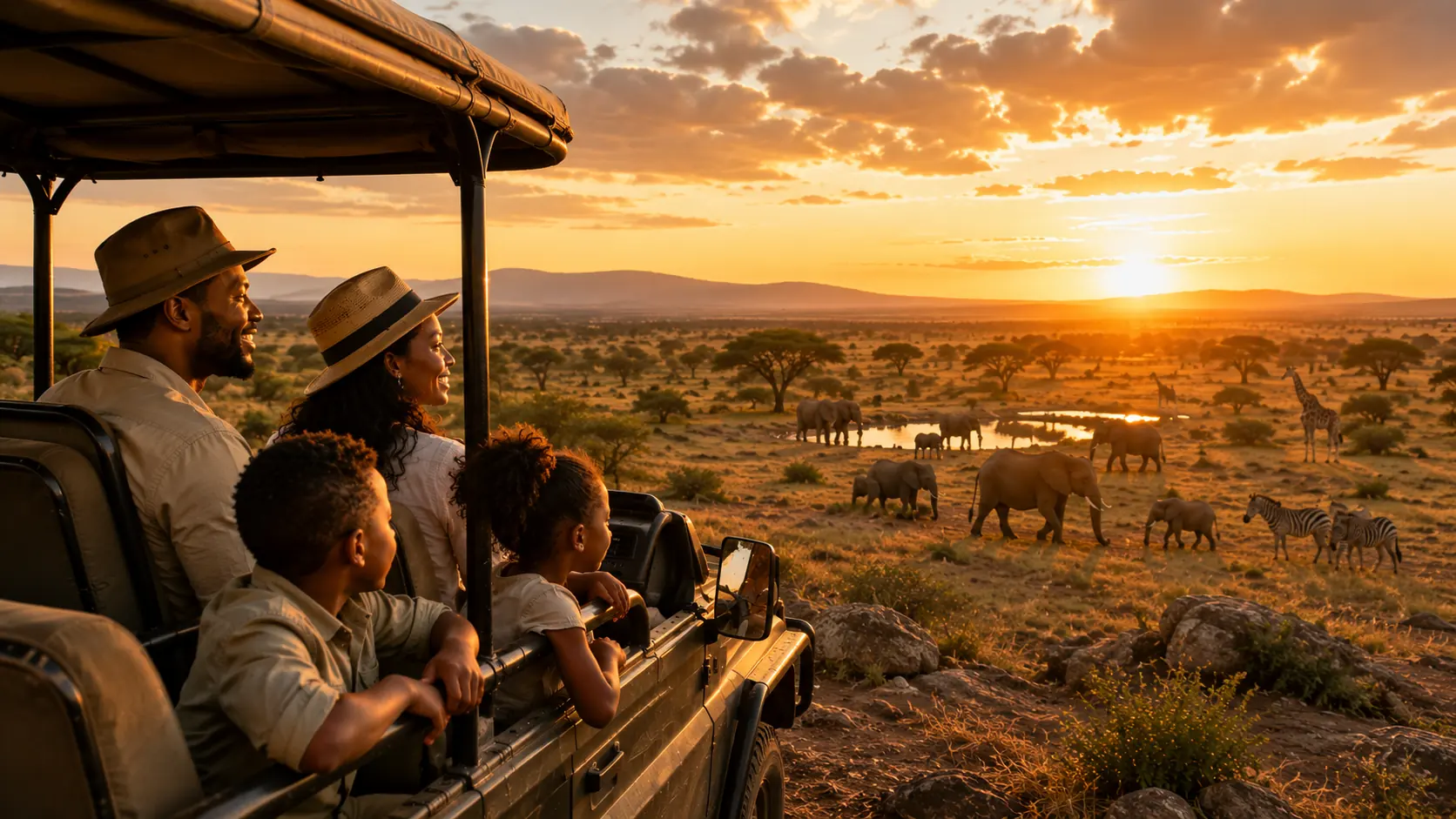 Safari vehicle overlooking the Kenyan savanna at sunset