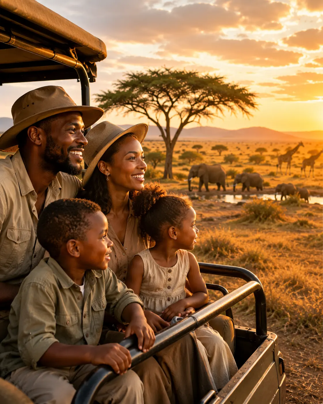 Family enjoying a Kenyan safari